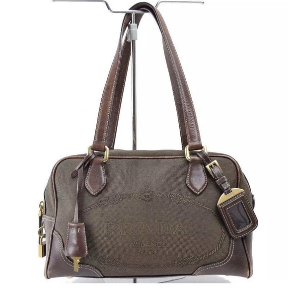 Authentic Prada Monogram Logo Boston Shoulder Bag Leather Jacquard - Picture 1 of 16